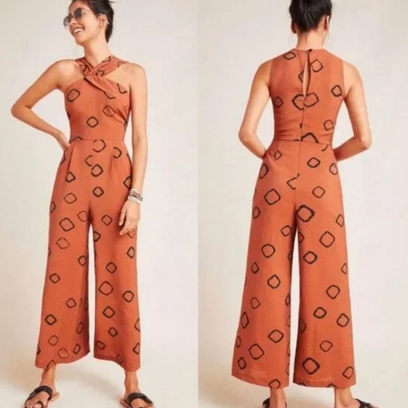 Eva Franco Pants - Anthropolgie, Eva Franco Faith Brown Wide Leg Cropped Jumpsuit SZ 12 Petite